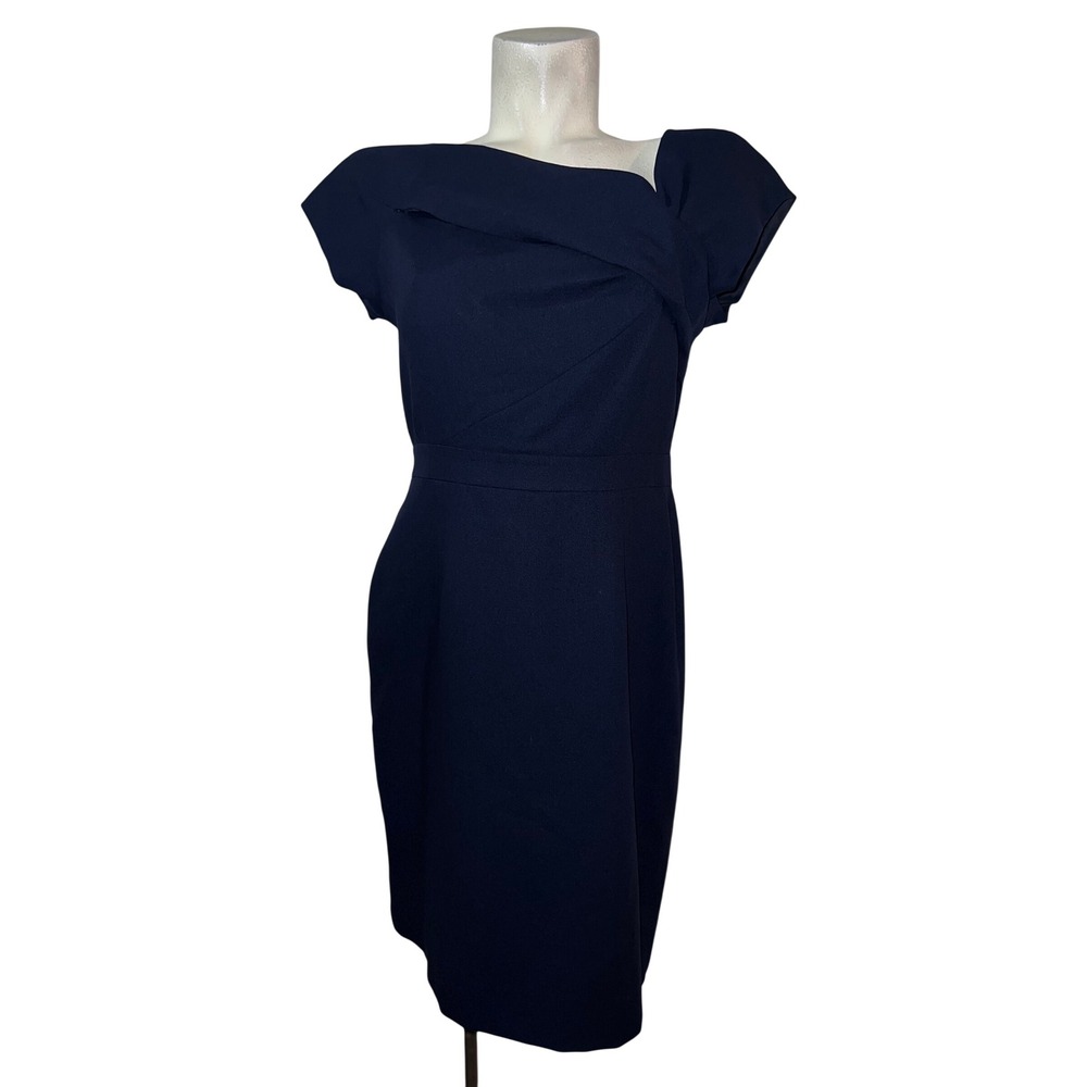 J.Crew Navy Blue Asymmetrical Draped Sheath Dress 25087 Womens 8 Cap Sleeve